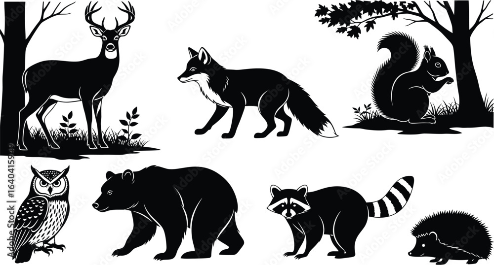 Obraz premium Charming forest animals collection featuring deer, fox, bear, owl, raccoon, squirrel, hedgehog