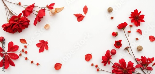 Red & beige dried flowers, leaves, & decorative balls arranged flatly on white , craft, red