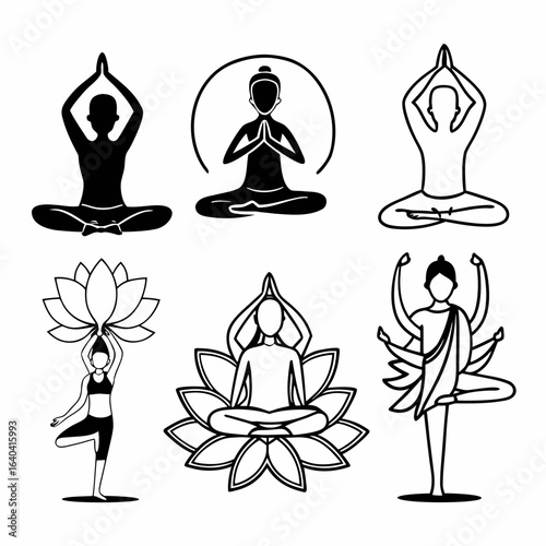 Collection of yoga poses and lotus flowers isolated on white background, representing wellness and meditation