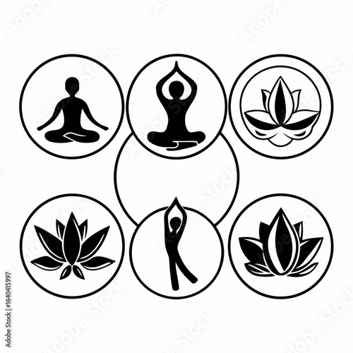Yoga poses and lotus flowers in circles isolated on white background, representing wellness and meditation