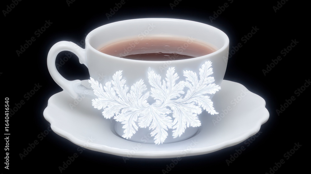 Fototapeta premium White porcelain teacup with brown liquid and a decorative white frosted leaf pattern on a black background