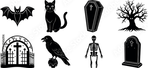 Set of Halloween silhouettes perfect for vector designs Vector illustration. Collection of Halloween vector elements