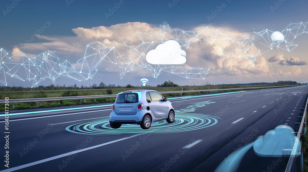 Obraz premium Smart car is speeding along highway, utilizing advanced technology for connectivity and navigation, surrounded by digital elements representing data flow and cloud computing