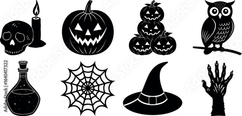 Set of Halloween silhouettes perfect for vector designs Vector illustration. Collection of Halloween vector elements