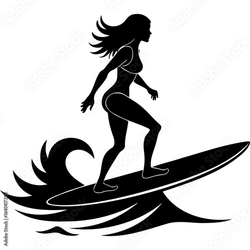 Sketchy emblem of sportswoman surfer conquers a wave on a surfboard. Engraving minimalistic vector in black ink drawing on transparent background
