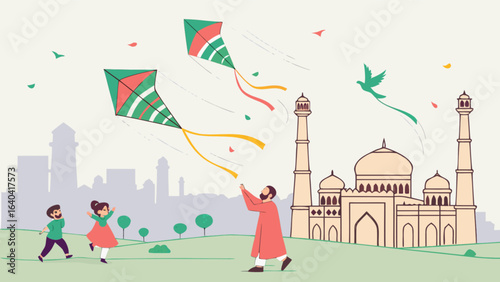 Celebrating basant festival with kite flying at historical place vector illustration design art