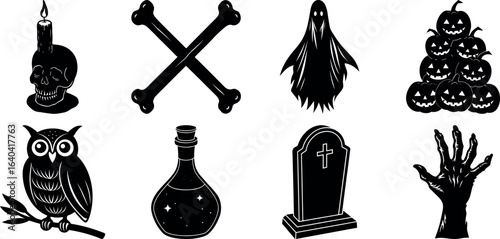 Set of Halloween silhouettes perfect for vector designs Vector illustration. Collection of Halloween vector elements