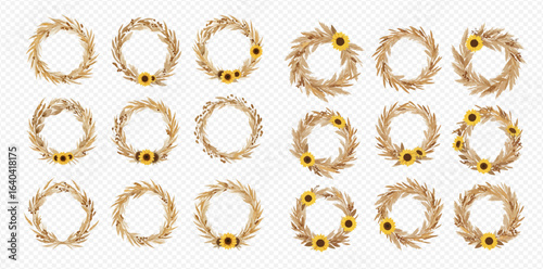 A set of rustic autumn wreaths made from dried wheat and pampas grass, some decorated with sunflowers.