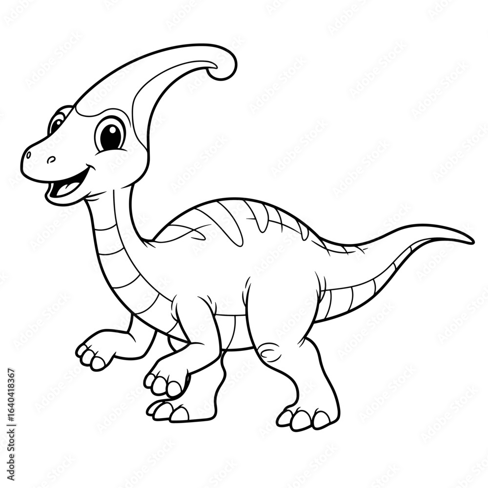 Fototapeta premium Cartoon dinosaur with a curved crest, long neck and tail, smiling face, and striped body in black-and-white line art.