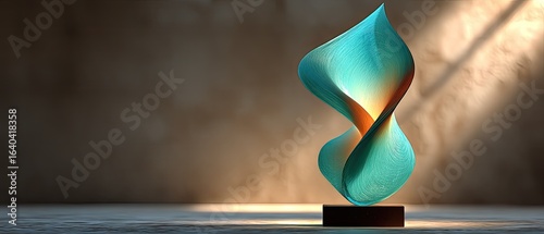 Teal and amber abstract sculpture on a dark base