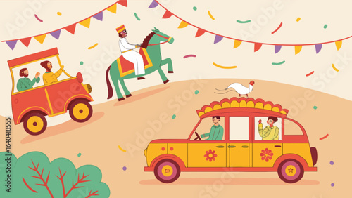 Festive parade celebration with decorated cars horse and rider vector illustration design art graphic