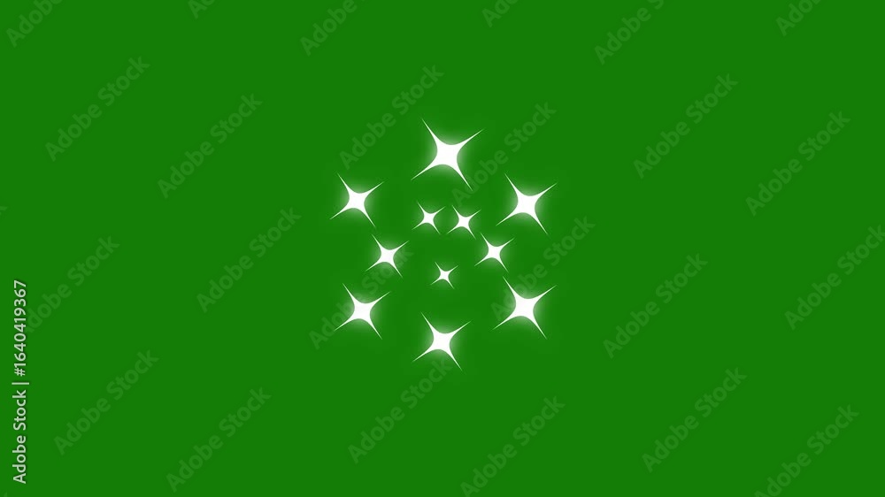 Sparkling stars blinking animation on green screen background. Rotating twinkle stars animation of seamless looping. Doodle flat vector sparkling star green Sky. Loop shimmering magic stars flash.