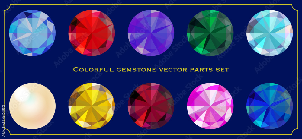 Naklejka premium 高級感あふれるカラフルな宝石ベクターセット｜ダイアモンド,ルビー,アメジスト,エメラルド,アクアマリン,パール,イエロートパーズ,ガーネット,ピンクトルマリン,ブルーサファイヤ
