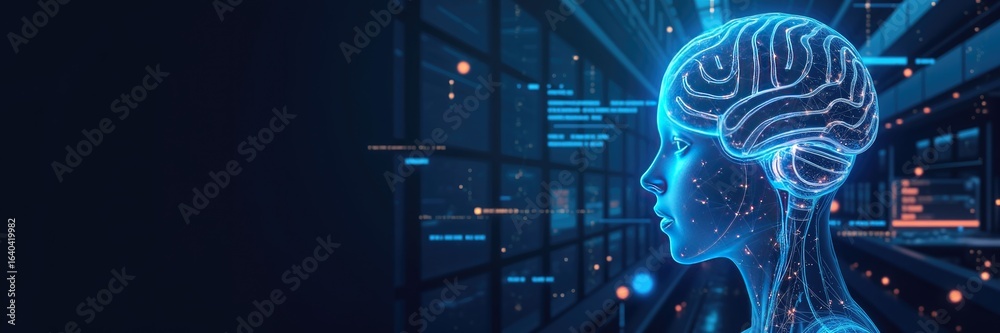 Obraz premium Profile view of a digital representation of a human head with a brain and data displays.
