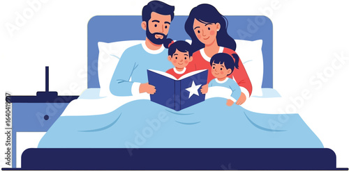 Happy family reading bedtime story together in cozy bedroom