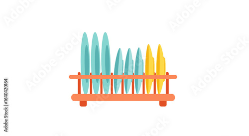 A clean dish drying rack with plates in shades of blue and yellow style