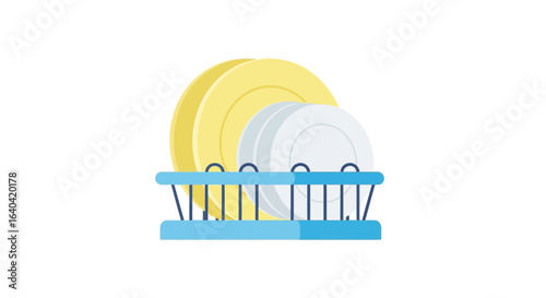 A minimalistic illustration of plates in a dish rack, clean kitchen tool