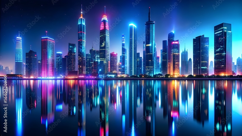 Fototapeta premium Vibrant cityscape at night with neon lights and water reflections
