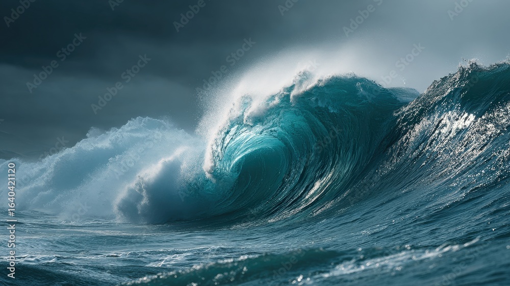 Fototapeta premium powerful ocean wave in slow motion, blue water crashing with bright reflections, dark storm clouds above, high-resolution realism