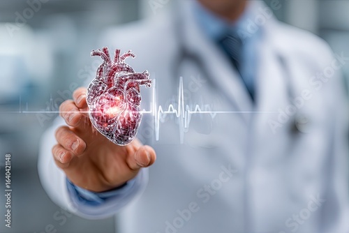 Doctor's hand holding a 3D heart model, overlaid with EKG
