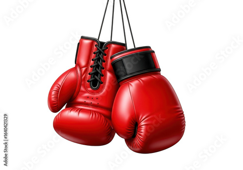 Pair of red leather boxing gloves hanging from ropes isolated on transparent background