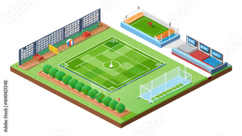 Isometric sports complex vector design with soccer field tennis court and player bench illustration
