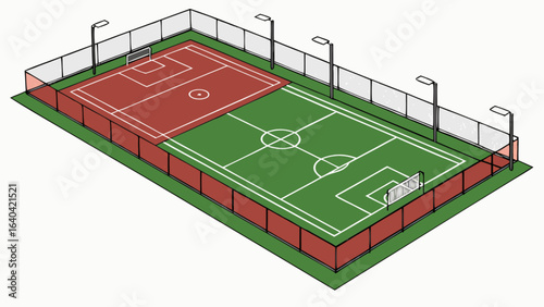 Isometric view of soccer field and basketball court with lighting and fence for sports complex design