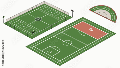 Isometric sports fields illustration for soccer basketball tennis and running track design concept