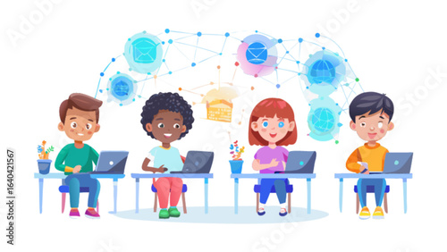 Children learning online education with laptops and internet connection technology vector illustration