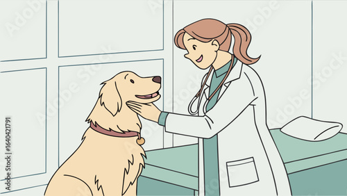 Veterinarian examining golden retriever dog in clinic for pet care and animal health checkup visit exam