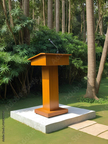 A serene wooden podium awaits secrets of the spoken word, a prelude to World Storytelling Day with cozy ambiance