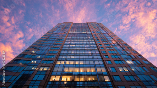Wallpaper Mural Low angle view of a tall building against a pink and purple cloudy sky at dusk Torontodigital.ca