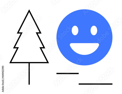 Blue happy face next to black outline pine tree, representing positivity and nature. Ideal for environment, happiness, simplicity, minimalism, eco-friendly themes, digital designs, simple landing