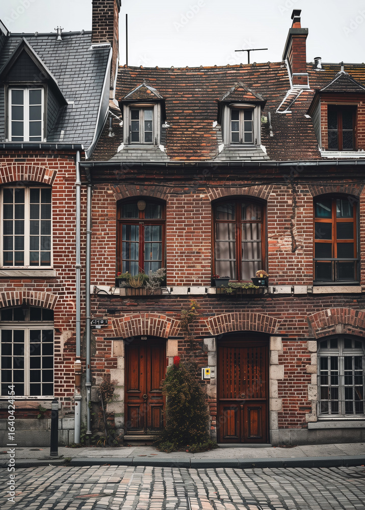 Fototapeta premium This image captures the charming exterior of a historic brick building. The photo showcases a cobblestone street lined with assorted buildings in the background.