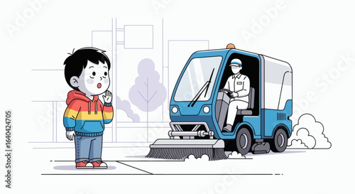 A boy watches as a street sweeper truck cleans the road in a simple urban setting
