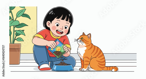 A child feeds an orange cat pouring kibble into a blue bowl indoors next to a potted plant