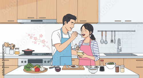 A couple in a kitchen sharing a meal