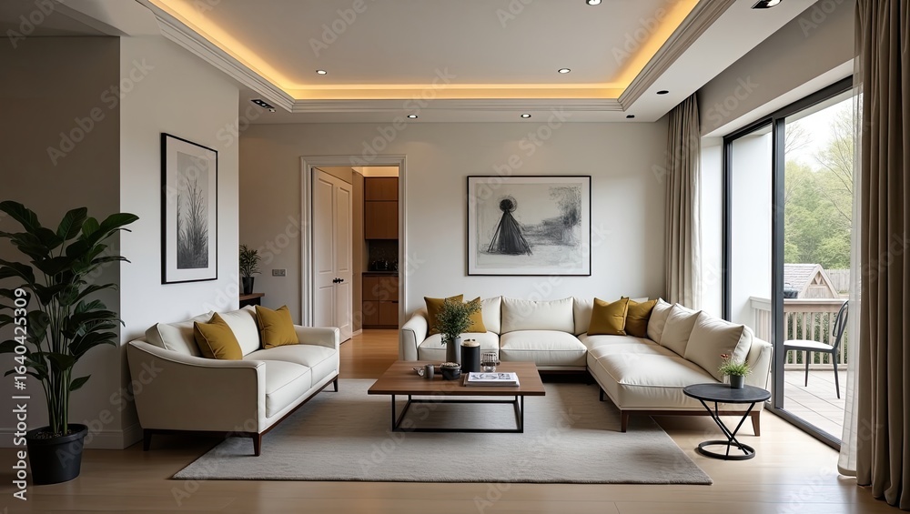 Fototapeta premium Modern living room with comfortable furnishings and natural light.