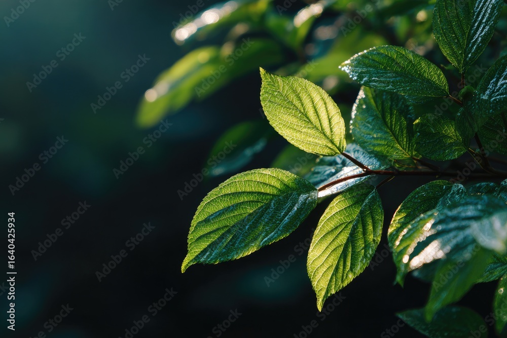 Obraz premium Fresh green leaves bathed in morning sun