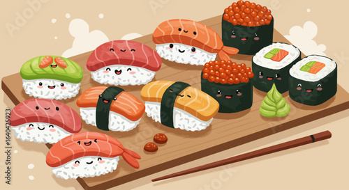 Cartoon sushi set with nigiri, sashimi, and rolls