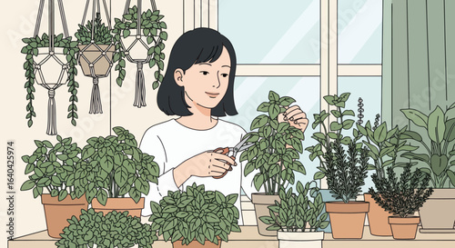 Person pruning herbs amid potted plants indoors by window