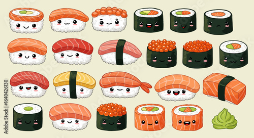 Cartoon sushi set with nigiri, sashimi, and rolls