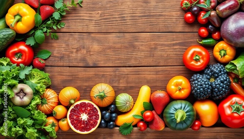 Fototapeta Naklejka Na Ścianę i Meble -  Vibrant fruits & veggies border empty wood space, farm fresh, frame