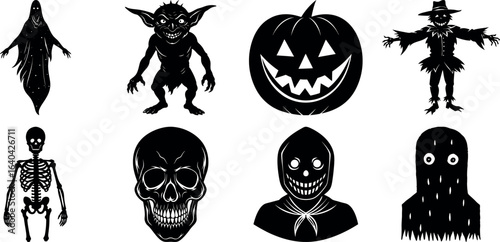 Set of halloween silhouettes black icon and character. witch, creepy and spooky elements for halloween decorations, sticker. Vectors on isolated background.