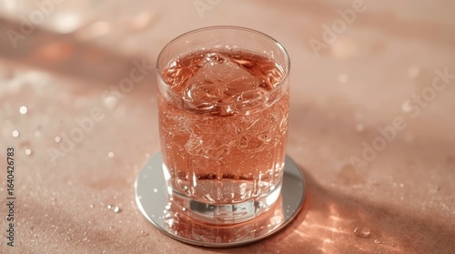 Elegant Rosé Cocktail Glass with Ice: Refreshing and Colorful Beverage Close-up on Tabletop Barware for Party