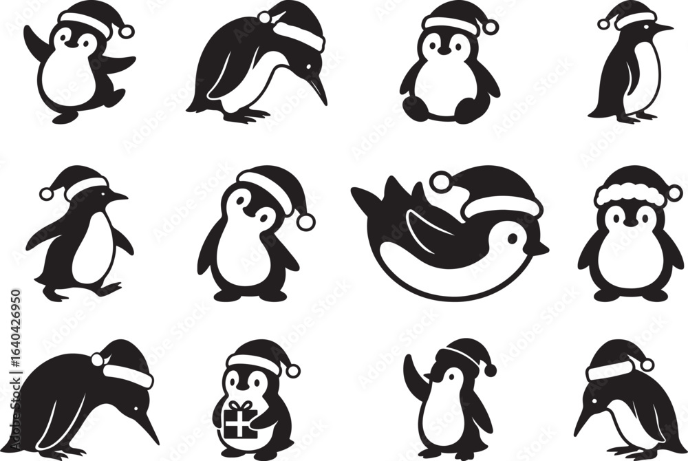 Obraz premium Penguins with Santa hats set in flat black silhouette vector illustration bundle for Christmas holiday designs 