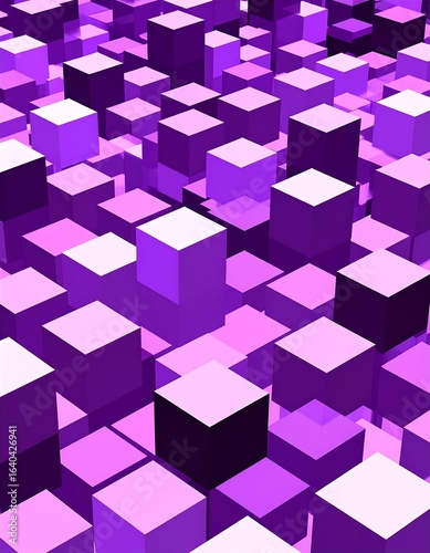 Abstract 3D rendering of numerous cubes in varying shades of purple and white, creating a sense of depth and texture