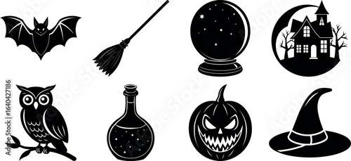 Set of halloween silhouettes black icon and character. witch, creepy and spooky elements for halloween decorations, sticker. Vectors on isolated background.