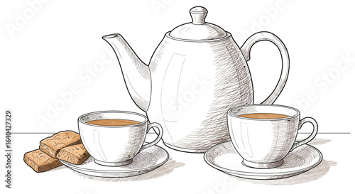 Line art illustration of a tea pot with a cup and saucer