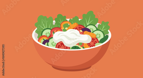 a salad bowl with various vegetables and dressing